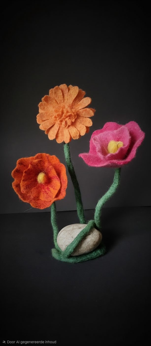 Viltbloemen in oranje, rood en roze op een steen