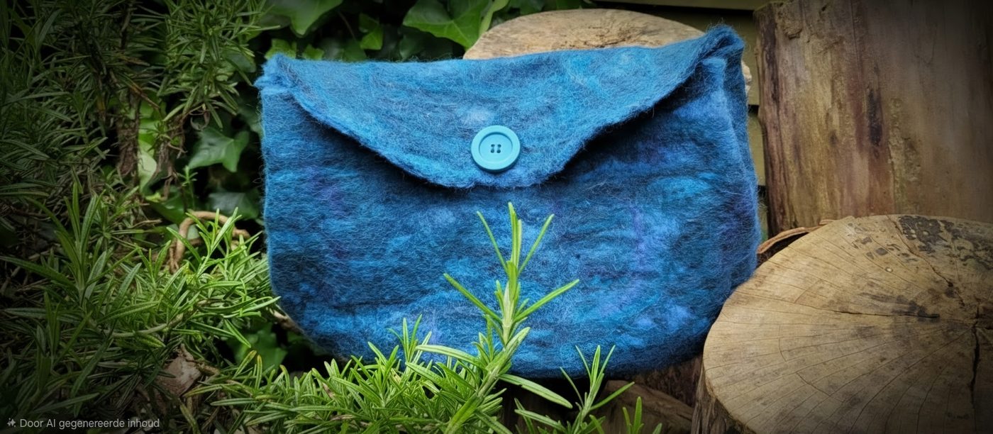 Blauwe vilten tas met houten knoop